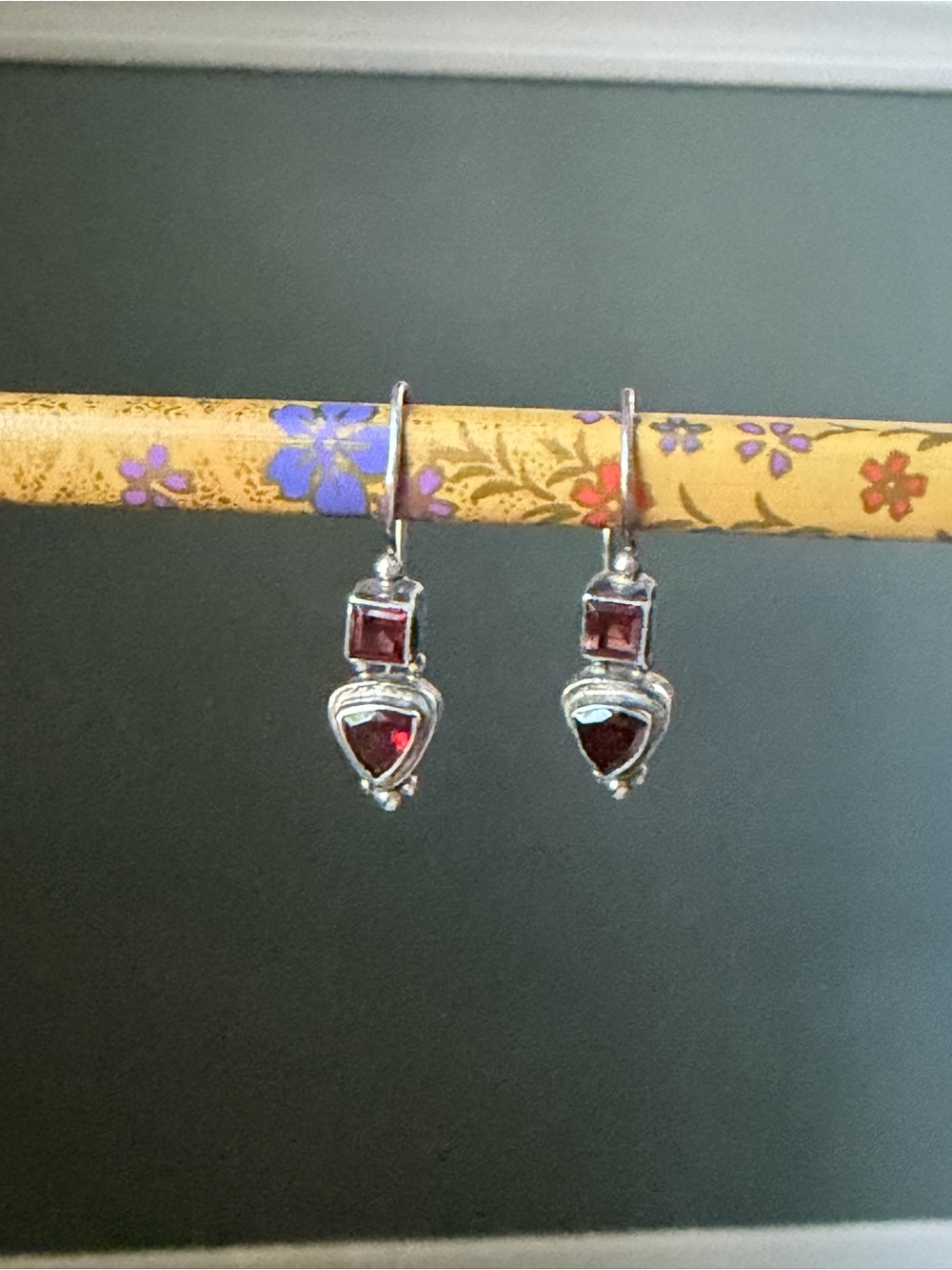 Vintage 925 Sterling Silver Garnet Drop Earrings - Deep Red